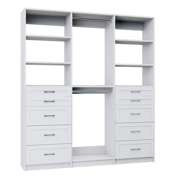Alto Collection 99 in. W White Tower System Shaker 2 5-Drawer and Double Hang 13-Shelf Wood Closet System