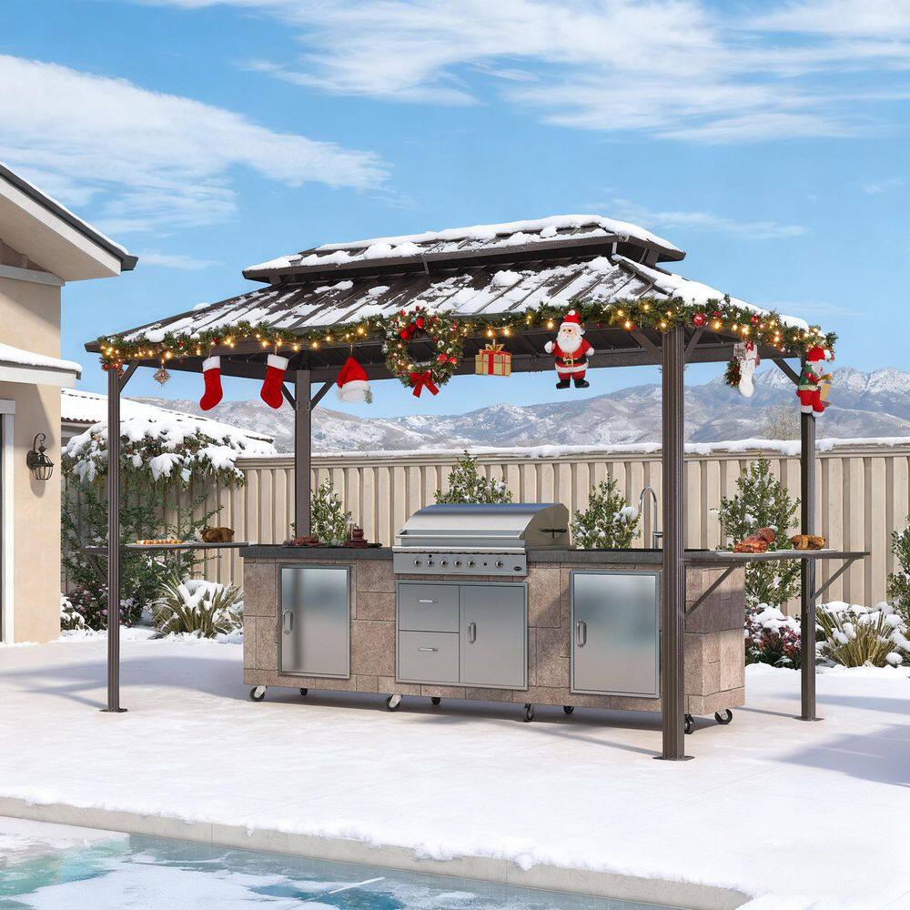 6.5 ft. x 12 ft. Hardtop Grill Gazebo for Patio Aluminum Barbecue Shelter Gazebo w/Hooks and Shelves Double Tiered Brown price history on PriceWatchPro