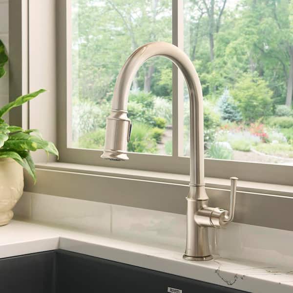 Simoni Brushed Nickel Stainless 16.5 in. H Single Handle Gooseneck Pull Down Kitchen Faucet with 360° Spout Swivel