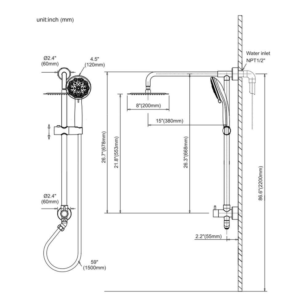 Brushed Nickel Large Wall Mounted Handheld Shower System