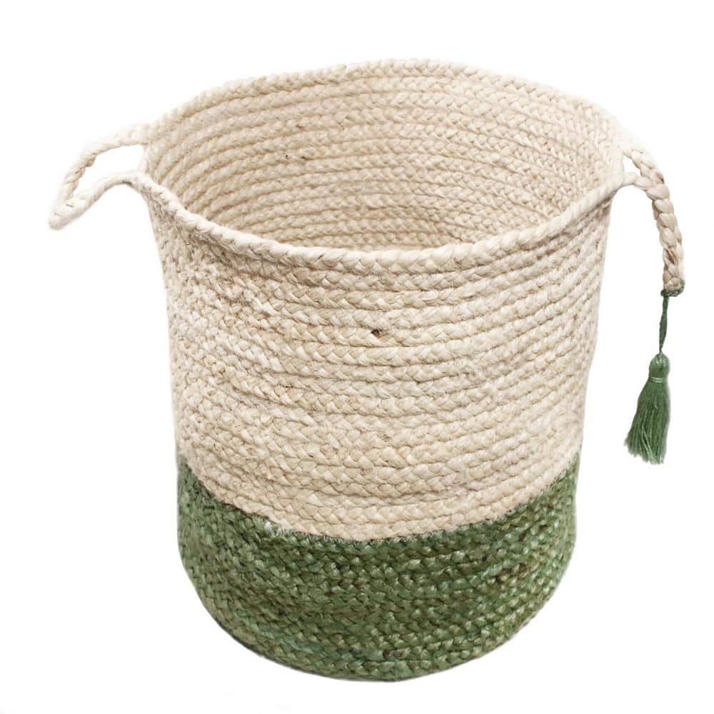 Eco-Friendly Cream & Moss Green Jute Round Storage Basket - 17"