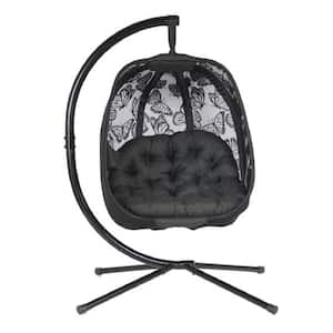 5.5 ft. Free Standing Hanging Cushion Egg Chair Hammock with Stand in Black Butterfly