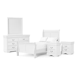 5-Piece Burkhart White Wood Twin Bedroom Set with 2-Nightstands and Dresser with Mirror