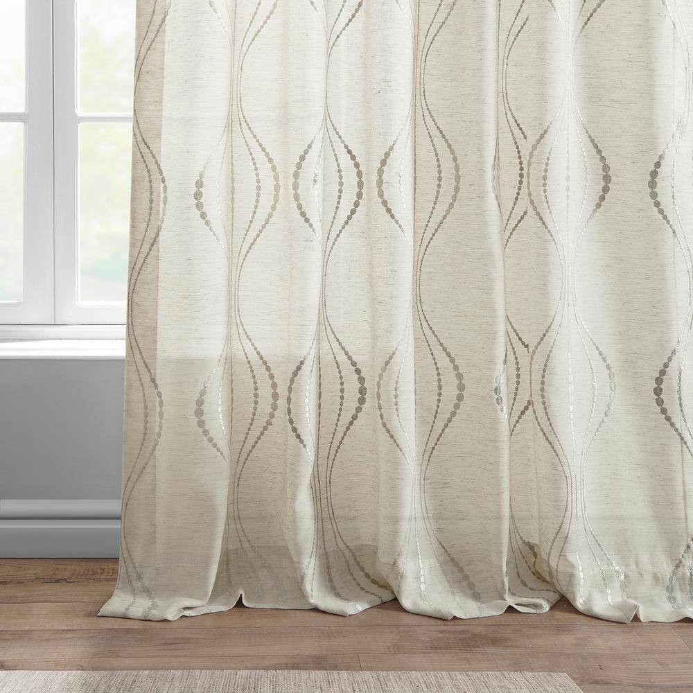 Suez Natural Embroidered Faux Linen Sheer Curtain Panel 50W x 84L