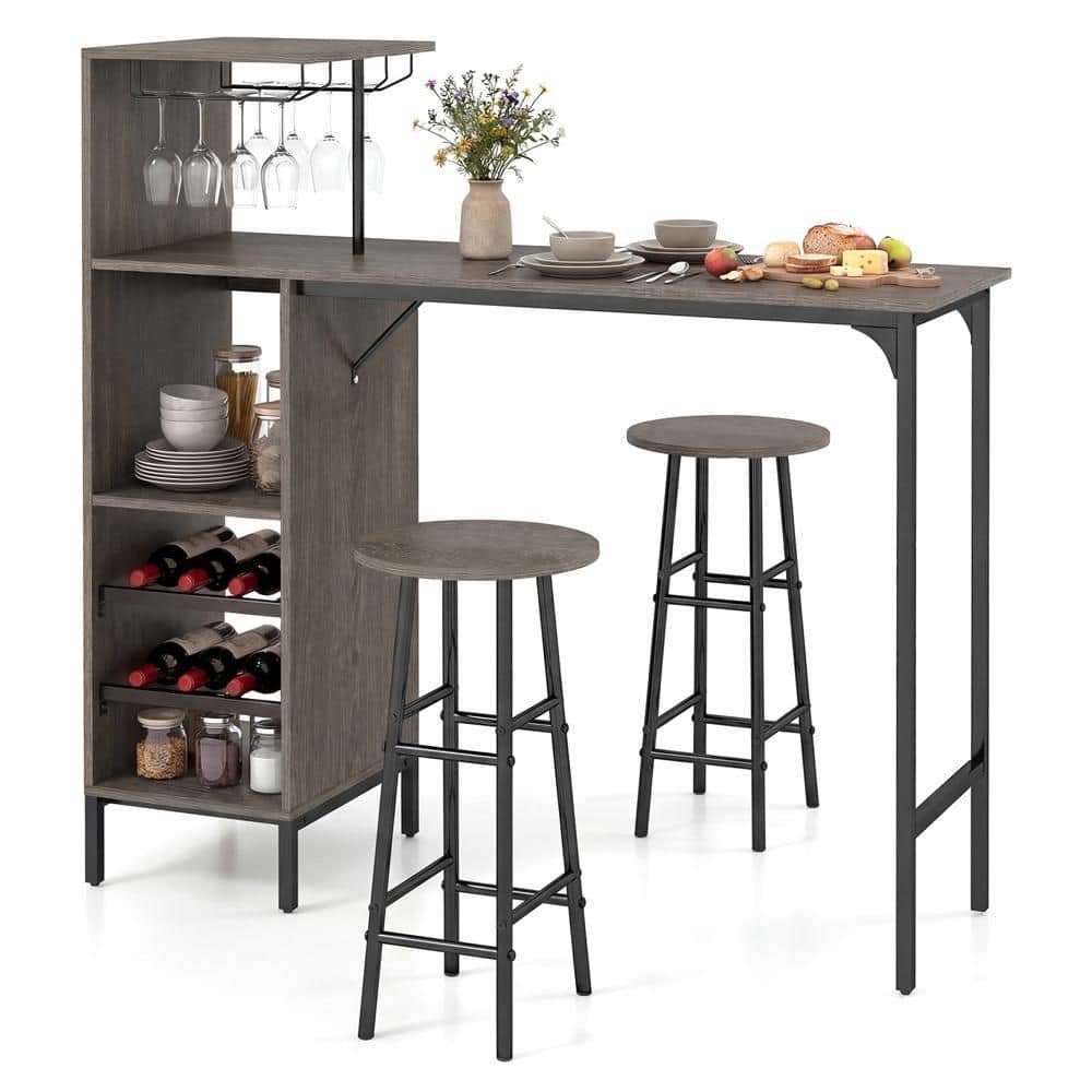 3 PCS Bar Table and Chairs Set Industrial Pub Table & Stools with Bottle Wine Rack Oak price history on PriceWatchPro