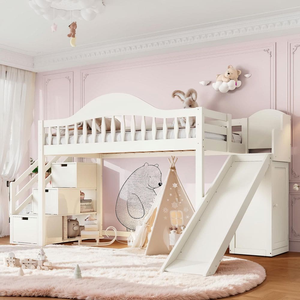Beige Full Wood Loft Bed with Upholstered Headboard and Storage Shelves,ladder and Slide price history on PriceWatchPro