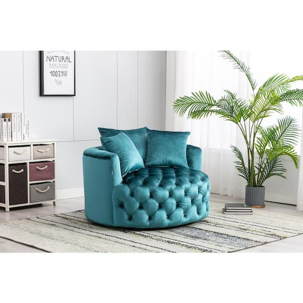 HOMEFUN Teal Swivel Velvet Upholstered Barrel Living Room Chair with Tufted Cushions