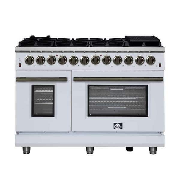 Massimo 48 Inch Freestanding Dual Fuel Range in White with Antique Brass Accessories, 6.58 cu. ft. Convection Oven