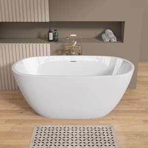 55 in. x 29.5 in. Soaking Freestanding Oval Bathtub with Slotted Overflow, Chrome Pop-Up Drain Anti-Clogging Matte White