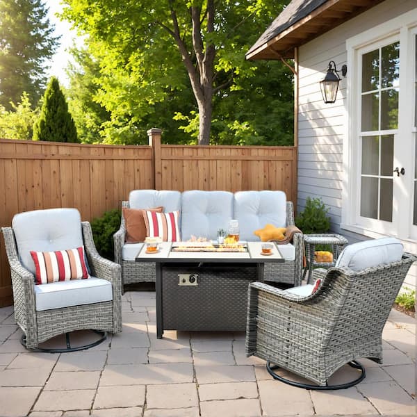 Eureka Gray 5-Piece Wicker Outdoor Patio Conversation Sofa Chair Seating Set with Metal Fire Pit and Light Gray Cushions
