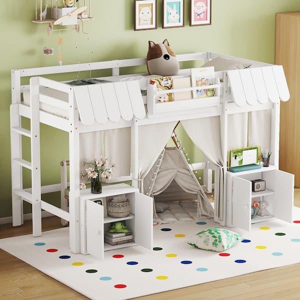 Quintana White Wood Frame Twin Size Loft Bed with Built-in Bookshelf, Curtain, and Storage Shelves