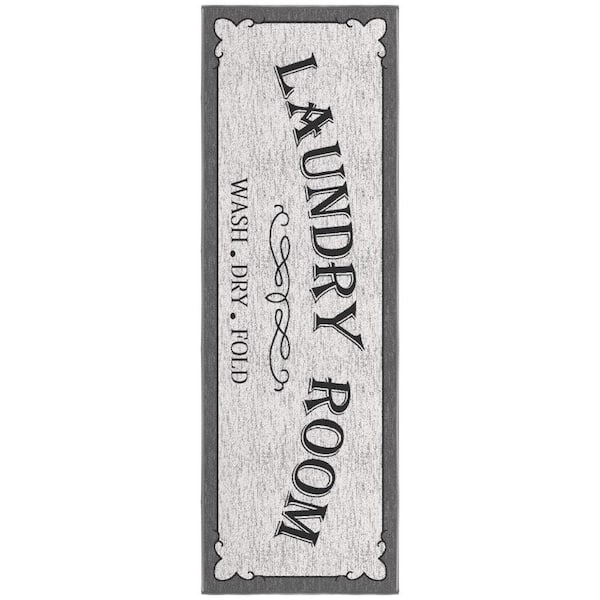 Ottomanson Non Shedding Washable Wrinkle-free Cotton Flatweave Text Design 2x5 Laundry Room Runner Rug, 20 in. x 59 in., Dark Beige