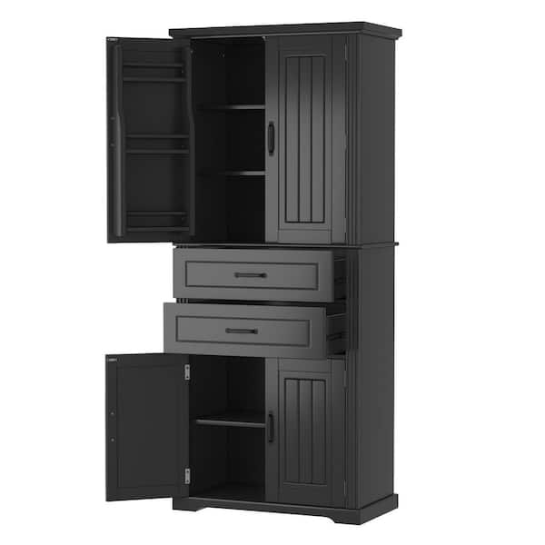 30 in. W x 15.75 in. D x 72.5 in. H Black Wood Linen Cabinet Storage Cabinet W/ Adjustable Shelves, 2 Drawers