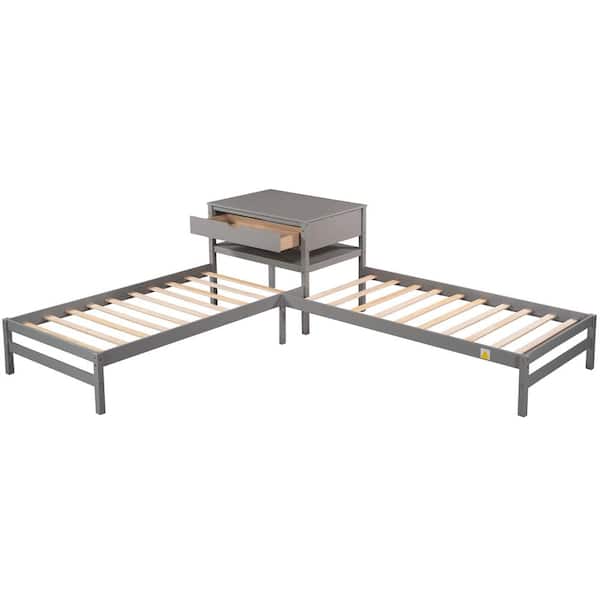 ATHMILE Gray Twin Size L-Shaped Platform Beds with Drawer Linked with Built-in Rectangle Table