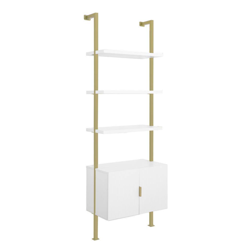 White and Gold Adjustable Ladder Bookcase with Cabinet