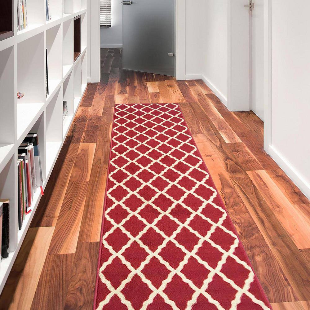 Red Trellis Design Washable Non-Slip Runner Rug