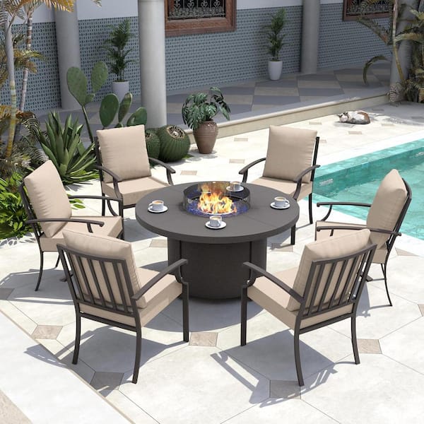 7-Piece Metal Patio Conversation Set with 48 in. Round Fire Pit Table, Glass Wind Guard and 6 Fixed Chairs, Cushion Sand