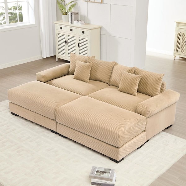 NBJBJT 92 in. Straight Arm 4-Piece Corduroy Modular Sectional Sofa with Ottoman and Ergonomic Design in Soft Ivory
