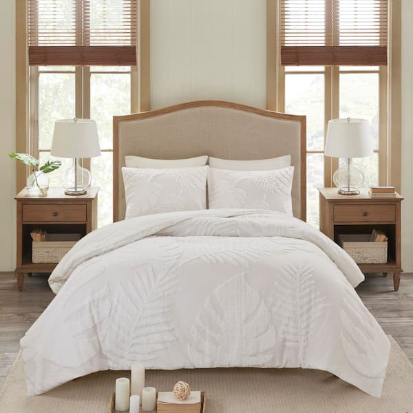 Osanna 3-Piece Off-White Botanical Cotton Chenille Full/Queen Palm Comforter Set