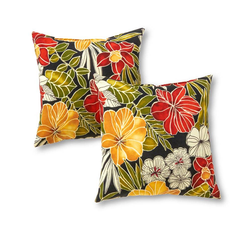 South Pine Porch Outdoor Aloha Black Floral 17-inch Square Accent Pillow Set of 2 