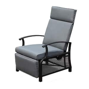 Black Metal Outdoor Adjustable Backrest Lounge Chair with Side Table and Gray Cushions