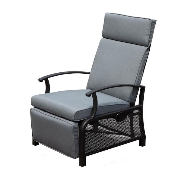 Mondawe Black Metal Outdoor Adjustable Backrest Lounge Chair with Side Table and Gray Cushions