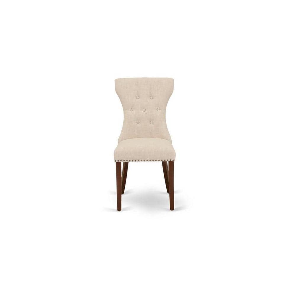 Mahogany Round Pedestal Dining Table Set with Beige Linen Chairs