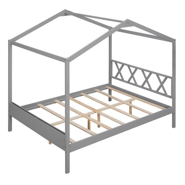 ANBAZAR Gray Full Kids Wood House Bed Frame, Playhouse Bed with Slats