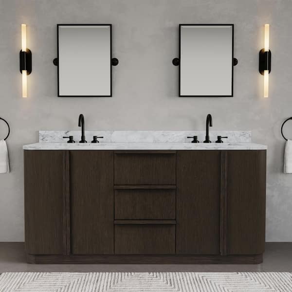 Oxford 72 in. Double Sinks Freestanding Charcoal Oak Bath Vanity with Carrara White Marble Top Pre-Assembled
