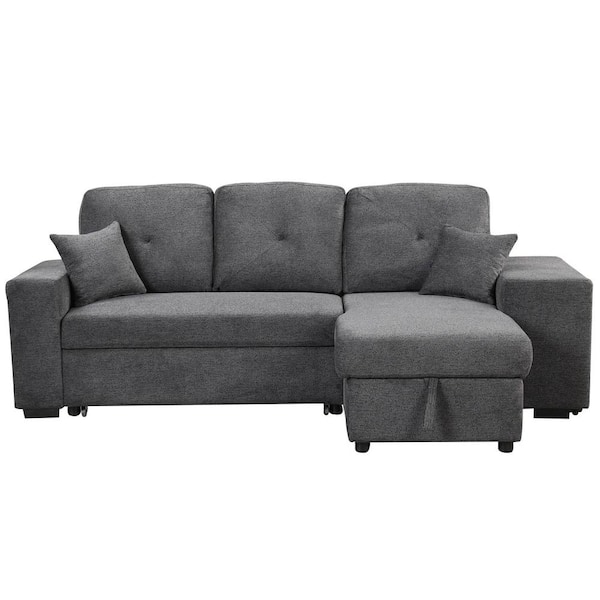 Polibi 95 in. Square Arm Velvet L -Shaped Sofa with Side Shelf and 2 Stools in Black+Blue