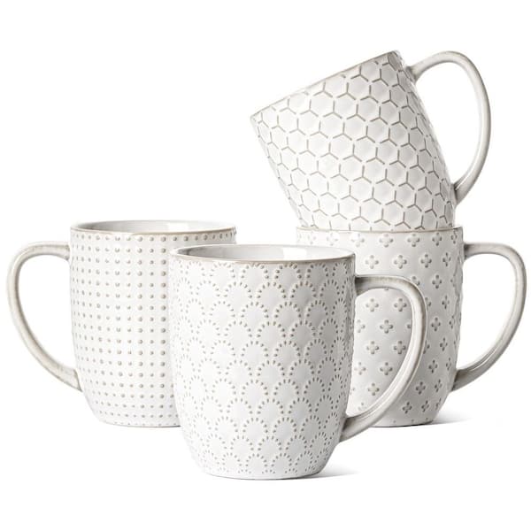Wudkey 16 oz. Embossed Ceramic Coffee Mugs Set of 4, Arctic White Cups for  Latte, Tea, Cappuccino, Cocoa, Dishwasher Safe FR9H62_2