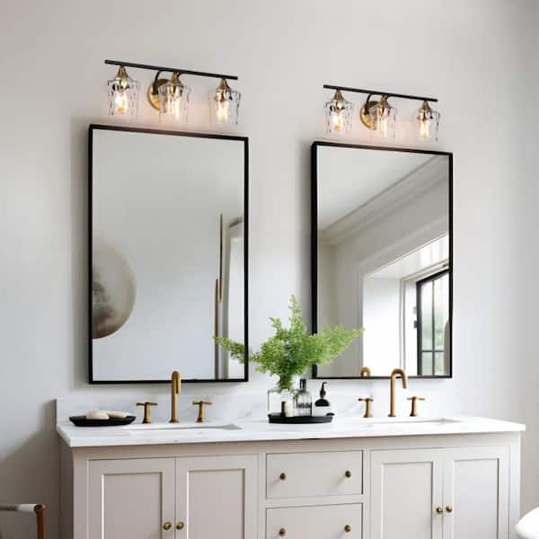 20 in. Modern 3-Light Black Wall Sconce Brass Gold Transitional Bath Lighting Water Glass Shade Bathroom Vanity Light