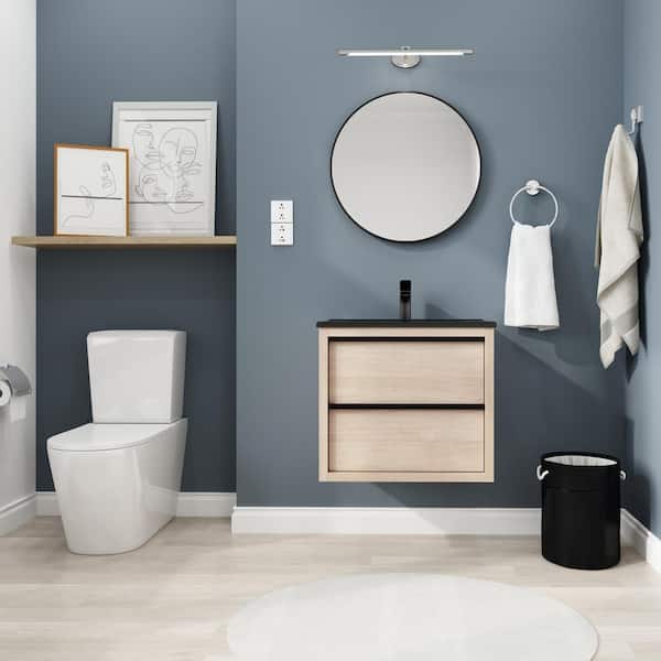 Unbranded 24 in. W x 18 in. D x 21 in. H Wall Mounted Single Sink Bath Vanity in Plain Light Oak with Black Ceramic Top