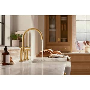 Edalyn By Studio McGee Double-Handle 2-Hole Bridge Kitchen Faucet With Side Sprayer in Vibrant Brushed Moderne Brass