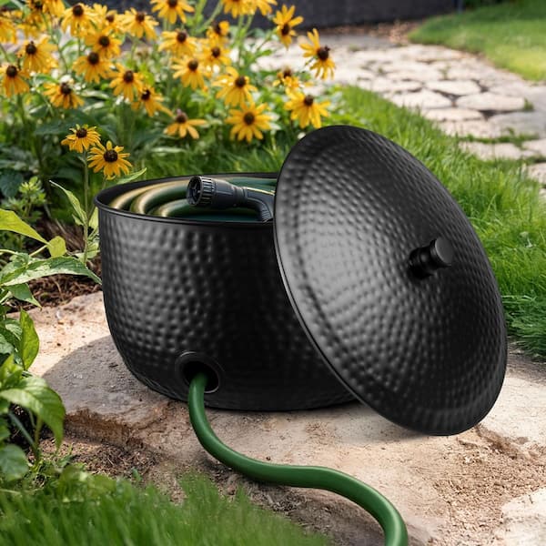 Hand Hammered Garden Hose Holder Pot with Lid, Black
