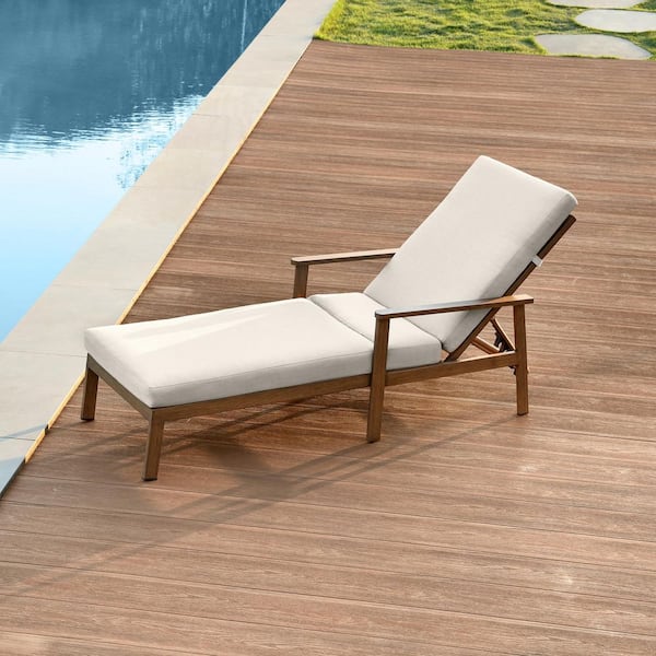 Medium Brown Wood 1-Piece Aluminum Outdoor Patio Reclining Chaise Lounge with Adjustable Back and Beige Cushions