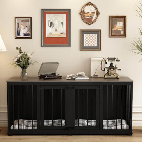 Black Large Dog Crate Furniture for 2 Dogs, 71 in. Heavy-Duty Wooden Dog Crate w/Trays and Divider for Large Medium Dog