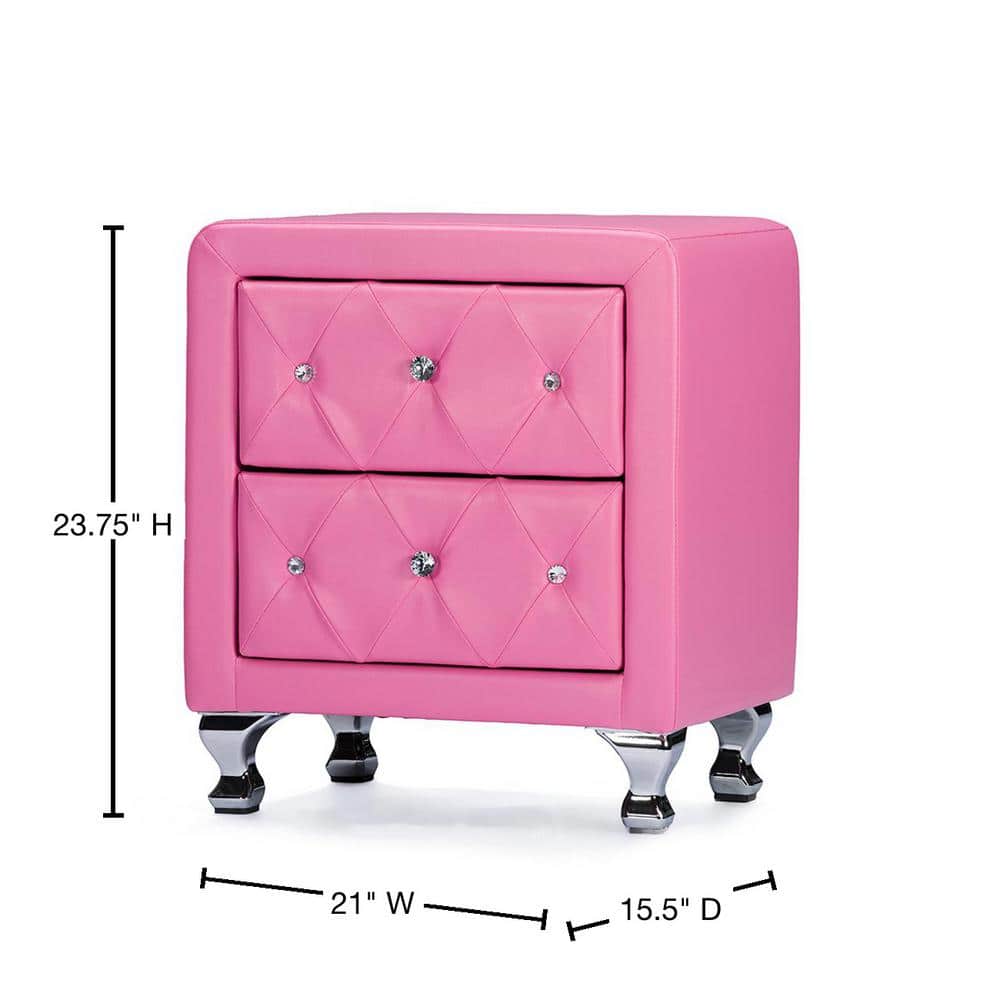Stella Pink Faux Leather 2-Drawer Crystal Tufted Nightstand