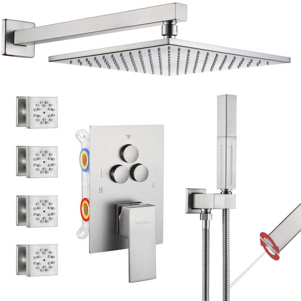 Vanfoxle Single Handle 5-Spray Shower Faucet 1.8 GPM 10 in. Square Wall Mount with Pressure Balance in. Brushed Nickel with 4-Jet