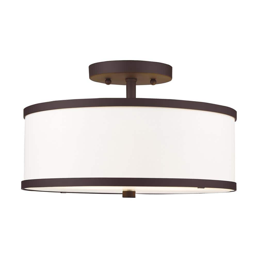Bronze 2-Light Drum Ceiling Mount with Off-White Fabric Shade