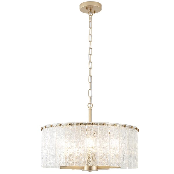 5-Light Gold Farmhouse Chandelier Drum Pendant Light with Glass Shade