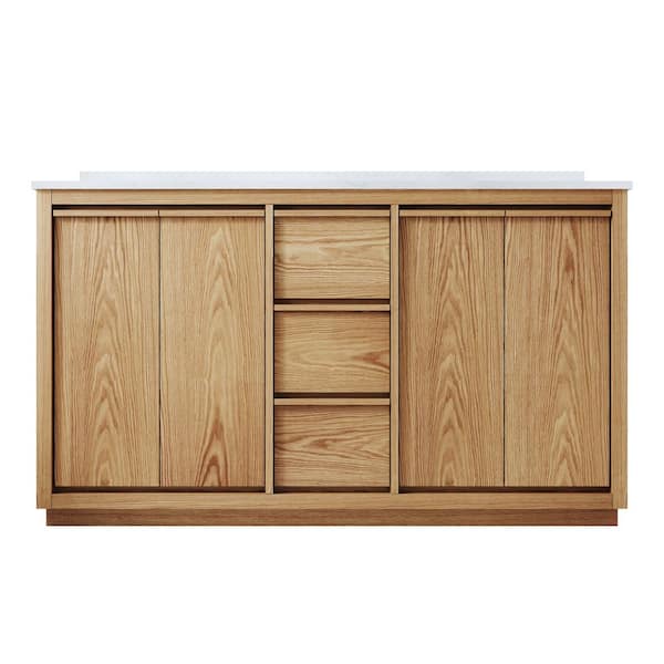 Oakland 60 in. Fully Assembled Freestanding Oak Solid Wood Bath Vanity with White Quartz Top, Soft-Close, Backsplash