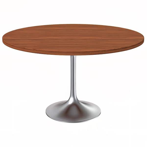 Leisuremod Verve Mid-Century Modern Cognac Brown Wood 47.24 in. Pedestal Dining Table with MDF Top and Chrome Base, Seats 6