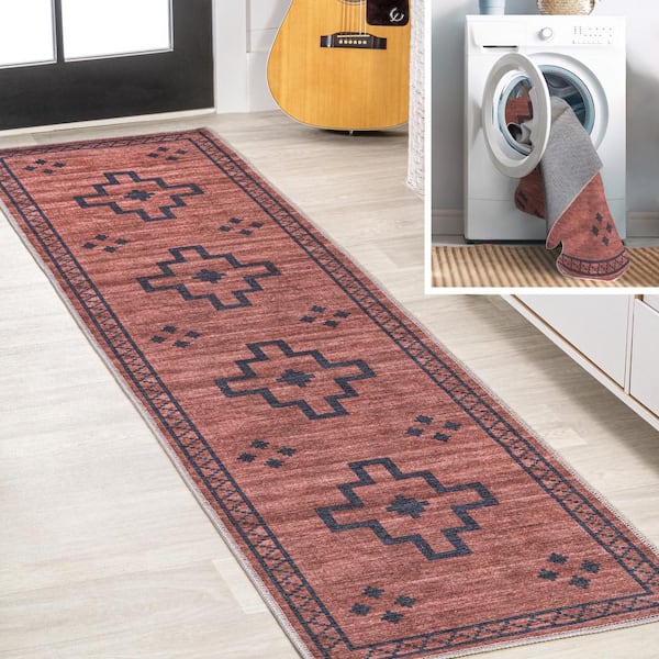 JONATHAN Y Korsa Geometric Medallion Machine-Washable Red/Black 2 ft. x 8 ft. Area Rug
