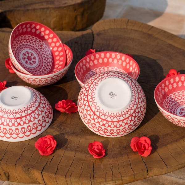 Porcelain Red large soup bowl with lid with 6 small bowls set