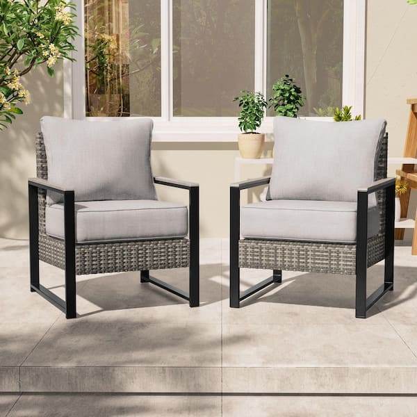 JOYESERY 2-Piece Gray PE Wicker Patio Conversation Set with Thick Linen Gray Cushions, All Weather Furniture Set