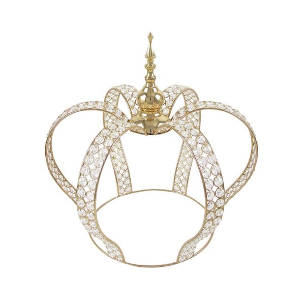 Large Gold Table Decor Decorative Crown Crystal Bead Metal Accent Piece 17.5 in.