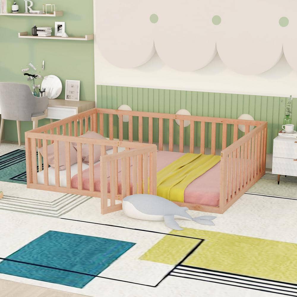 Natural Full Size Montessori Bed with Fence and Door, Toddler Floor Bed Frane Full Size, Floor Bed frame for Kids