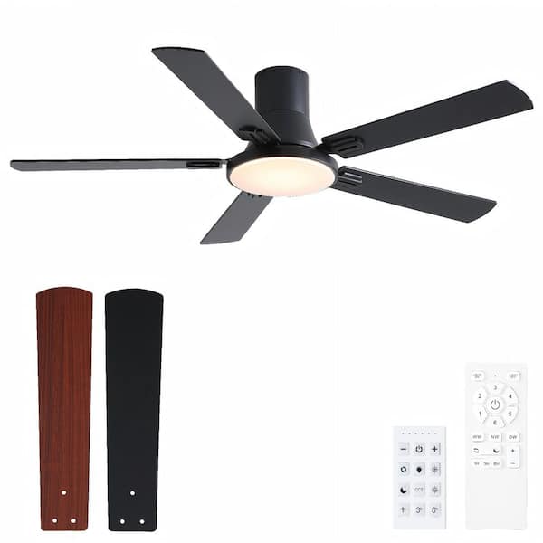 Thalion 52 in. Indoor/Outdoor Matte Black Integrated LED Flush Mount Ceiling Fan With Remote and Dual-Finish Blades