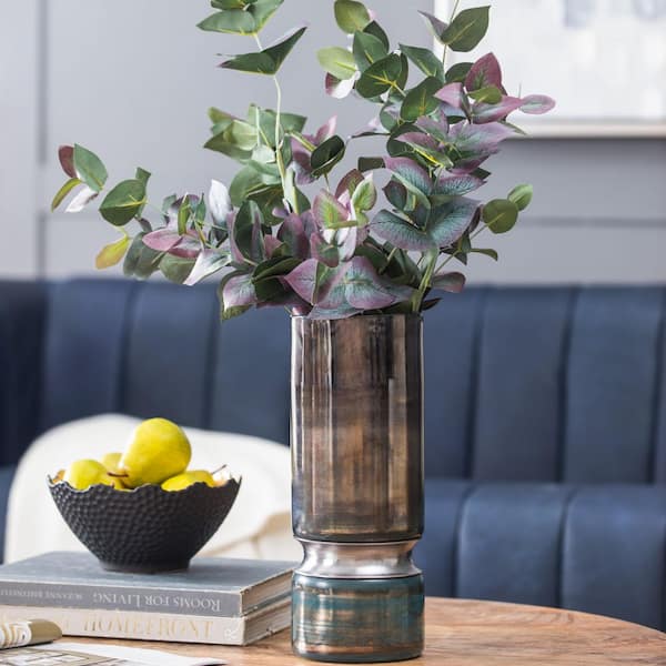 4.7 in. D x 10.6 in. H Cylinder Stellar Smoke Blue Glass Vase with Chrome Accent, Home Decor Centerpiece for Living Room